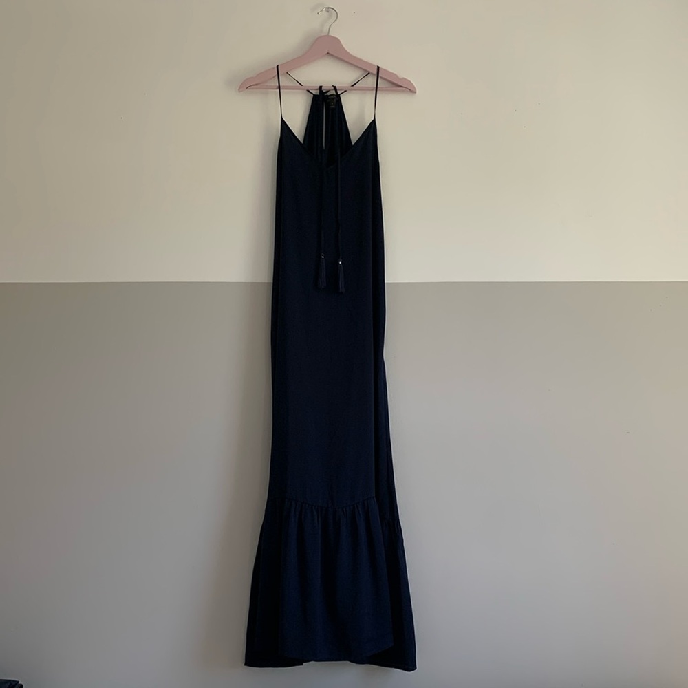 J Crew silky navy blue maxi dress with tassels. Small